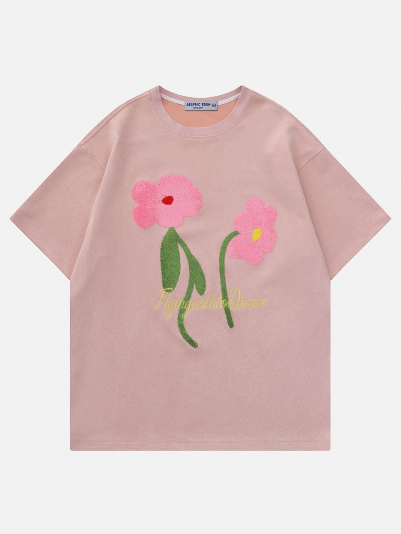 T Shirts Aelfric Eden Flocking Flower Daim Tee Kaki | EBN-02622688